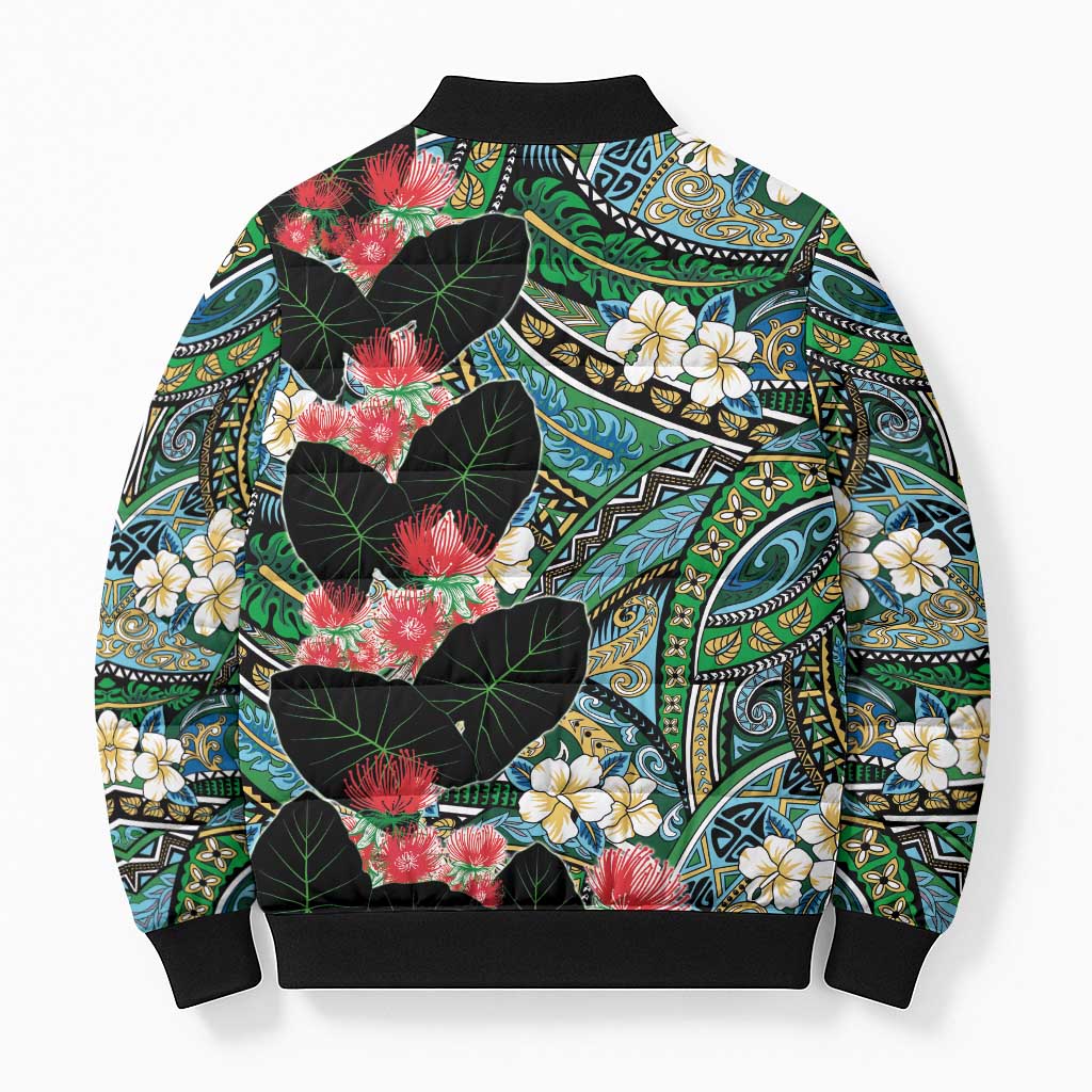 Hawaiian Taro Leaves and Ohia Lehua Bomber Puffer Jacket Polynesian Tribal Art Tropical Plants Motifs Colorful LT03 - Polynesian Pride