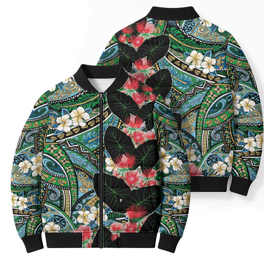 Hawaiian Taro Leaves and Ohia Lehua Bomber Puffer Jacket Polynesian Tribal Art Tropical Plants Motifs Colorful LT03 - Polynesian Pride