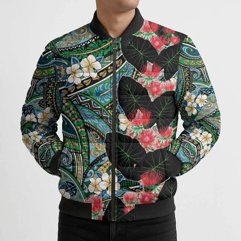 Hawaiian Taro Leaves and Ohia Lehua Bomber Puffer Jacket Polynesian Tribal Art Tropical Plants Motifs Colorful LT03 - Polynesian Pride
