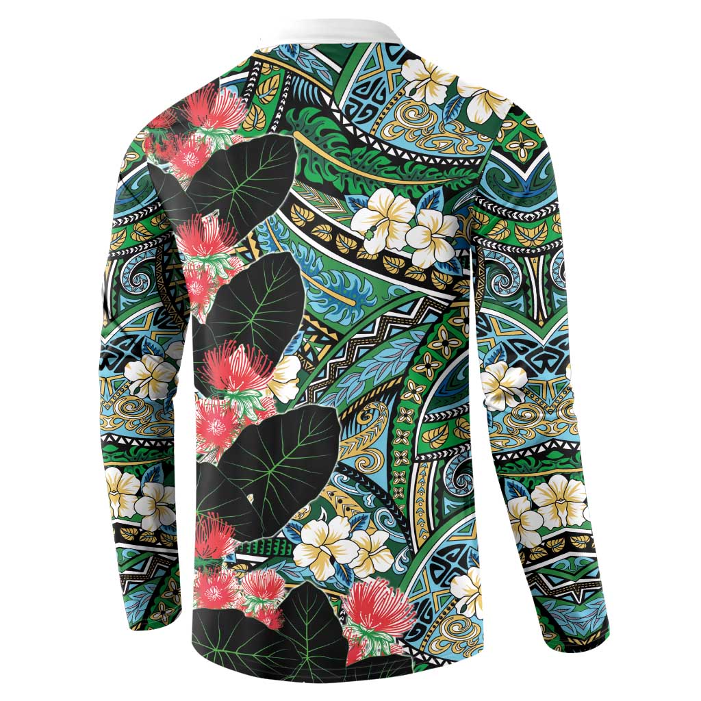 Hawaiian Taro Leaves and Ohia Lehua Button Sweatshirt Polynesian Tribal Art Tropical Plants Motifs Colorful