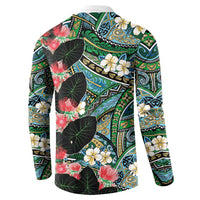 Hawaiian Taro Leaves and Ohia Lehua Button Sweatshirt Polynesian Tribal Art Tropical Plants Motifs Colorful