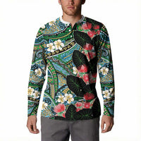 Hawaiian Taro Leaves and Ohia Lehua Button Sweatshirt Polynesian Tribal Art Tropical Plants Motifs Colorful