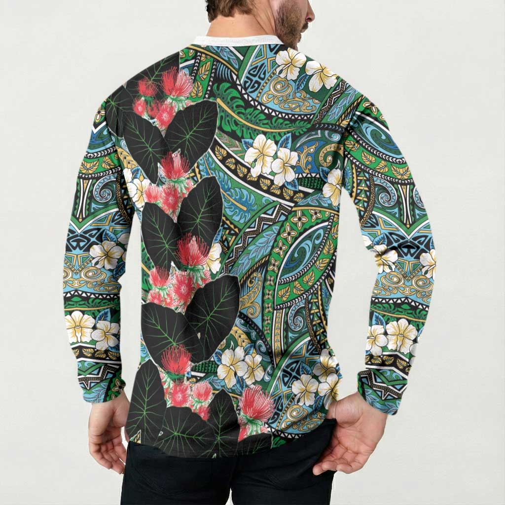 Hawaiian Taro Leaves and Ohia Lehua Button Sweatshirt Polynesian Tribal Art Tropical Plants Motifs Colorful