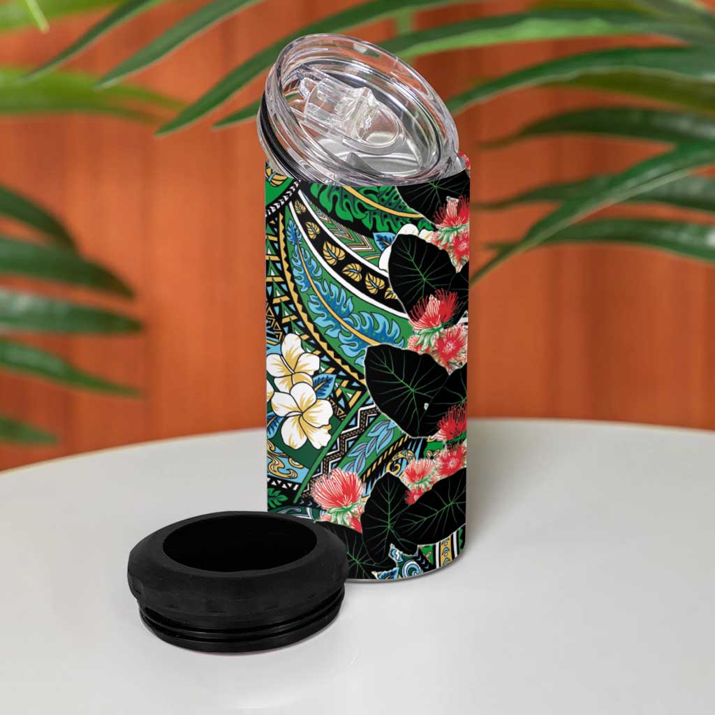 Hawaiian Taro Leaves and Ohia Lehua 4 in 1 Can Cooler Tumbler Polynesian Tribal Art Tropical Plants Motifs Colorful LT03 - Polynesian Pride