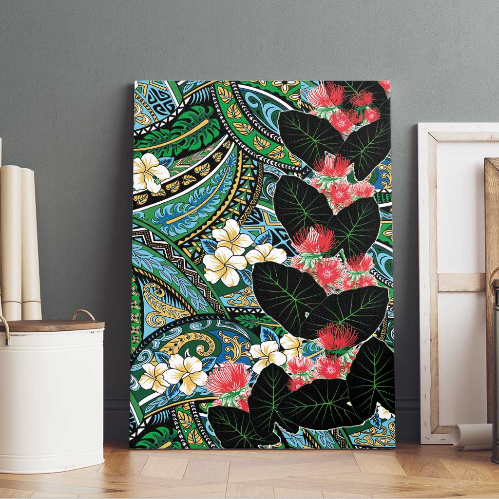 Hawaiian Taro Leaves and Ohia Lehua Canvas Wall Art Polynesian Tribal Art Tropical Plants Motifs Colorful LT03 - Polynesian Pride
