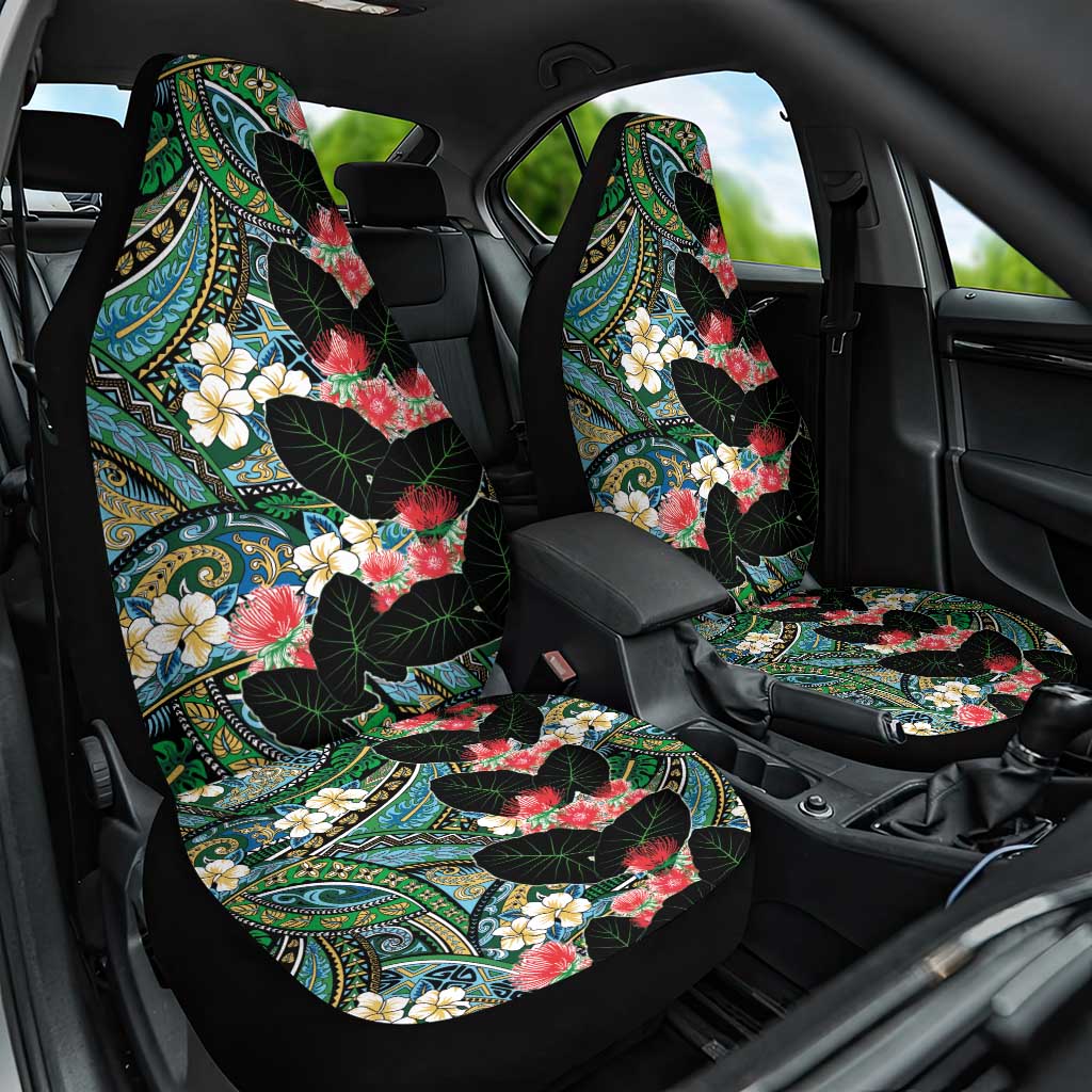 Hawaiian Taro Leaves and Ohia Lehua Car Seat Cover Polynesian Tribal Art Tropical Plants Motifs Colorful