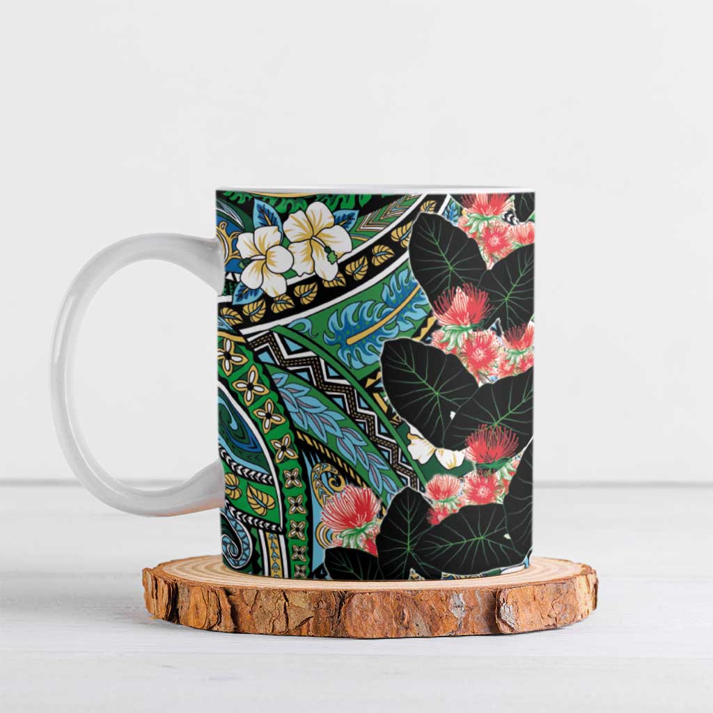 Hawaiian Taro Leaves and Ohia Lehua Ceramic Mug Polynesian Tribal Art Tropical Plants Motifs Colorful LT03 Multicolor - Polynesian Pride