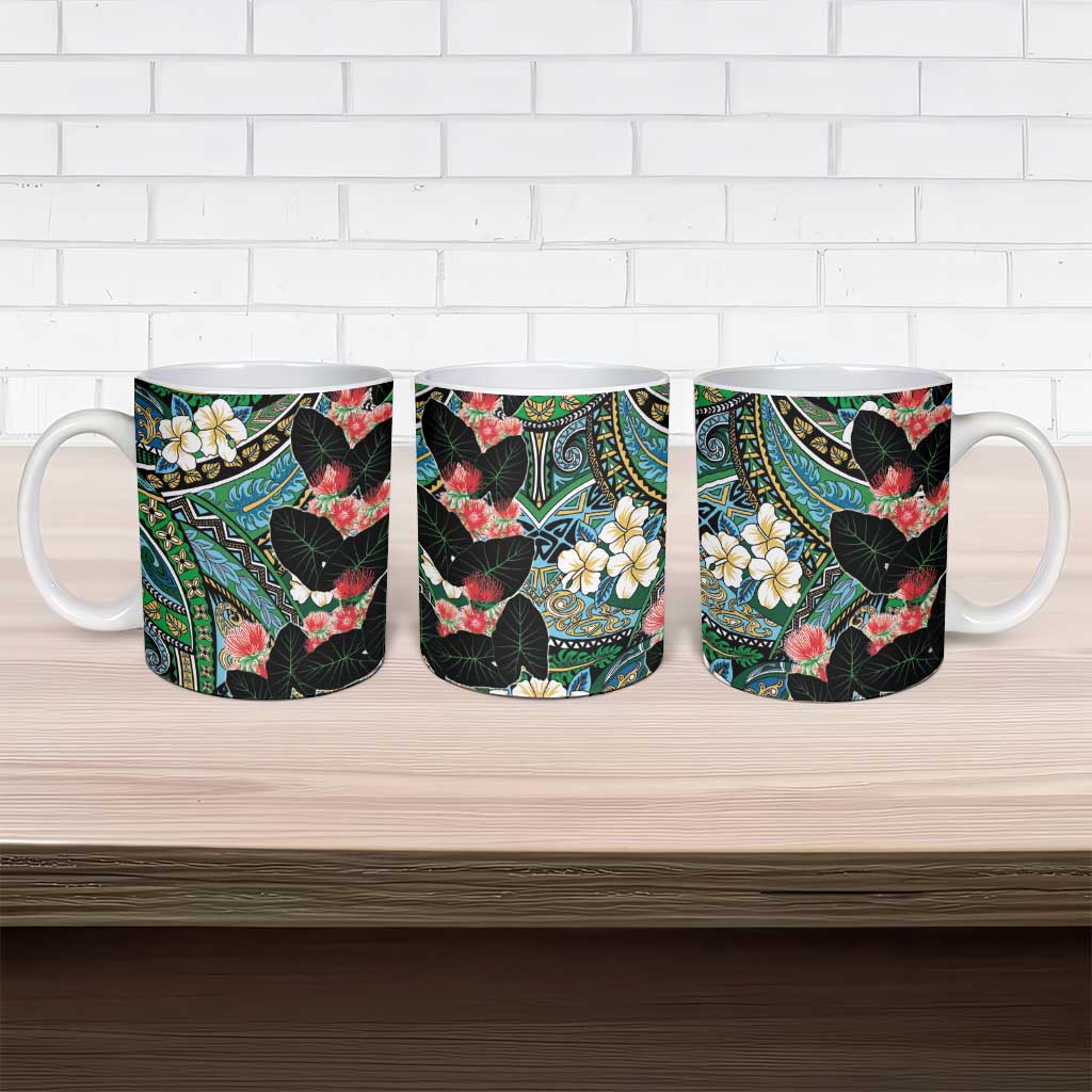 Hawaiian Taro Leaves and Ohia Lehua Ceramic Mug Polynesian Tribal Art Tropical Plants Motifs Colorful LT03 - Polynesian Pride