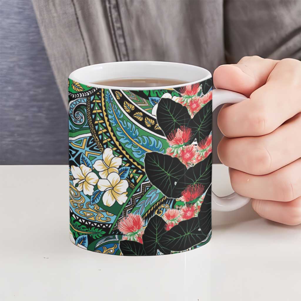 Hawaiian Taro Leaves and Ohia Lehua Ceramic Mug Polynesian Tribal Art Tropical Plants Motifs Colorful LT03 - Polynesian Pride