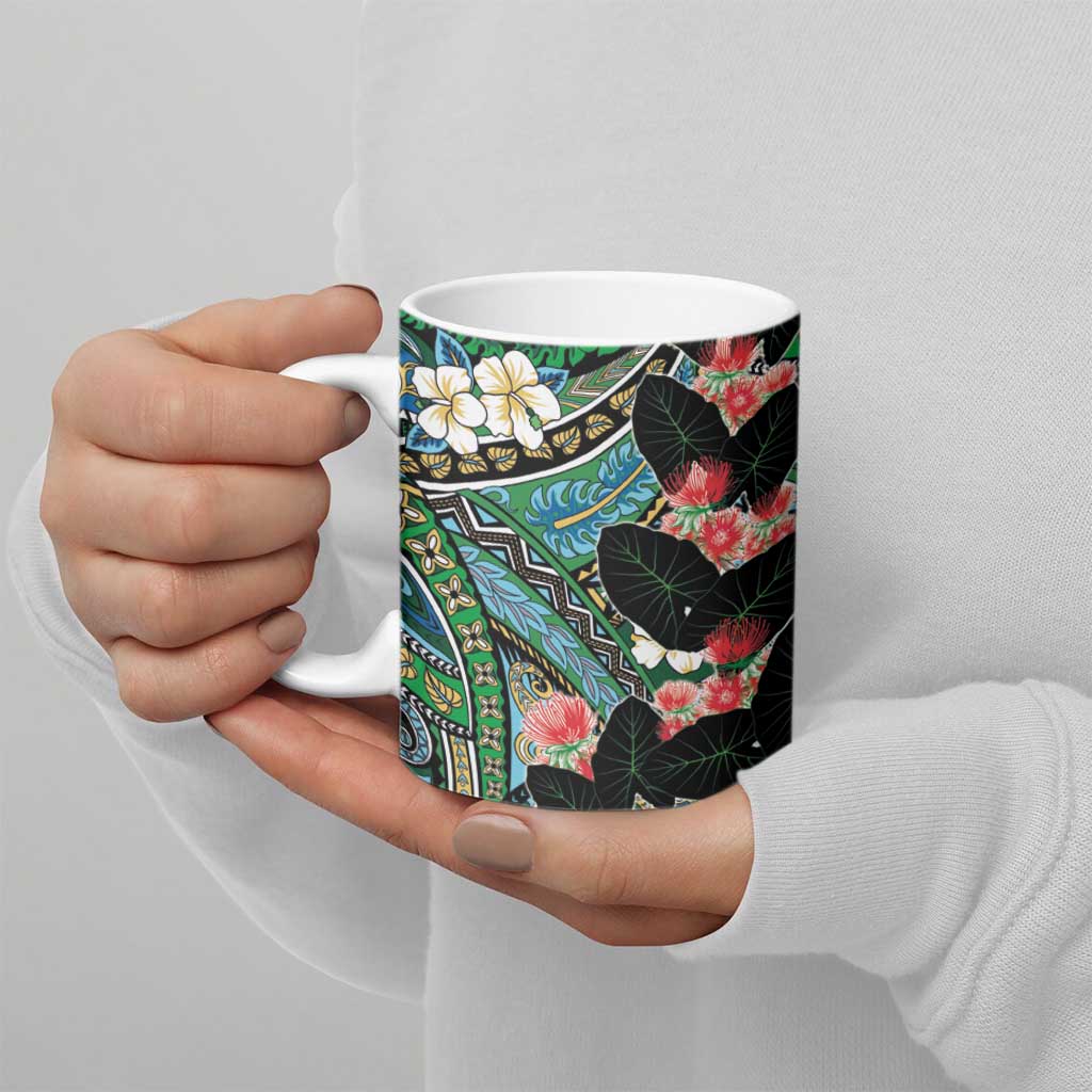 Hawaiian Taro Leaves and Ohia Lehua Ceramic Mug Polynesian Tribal Art Tropical Plants Motifs Colorful LT03 - Polynesian Pride