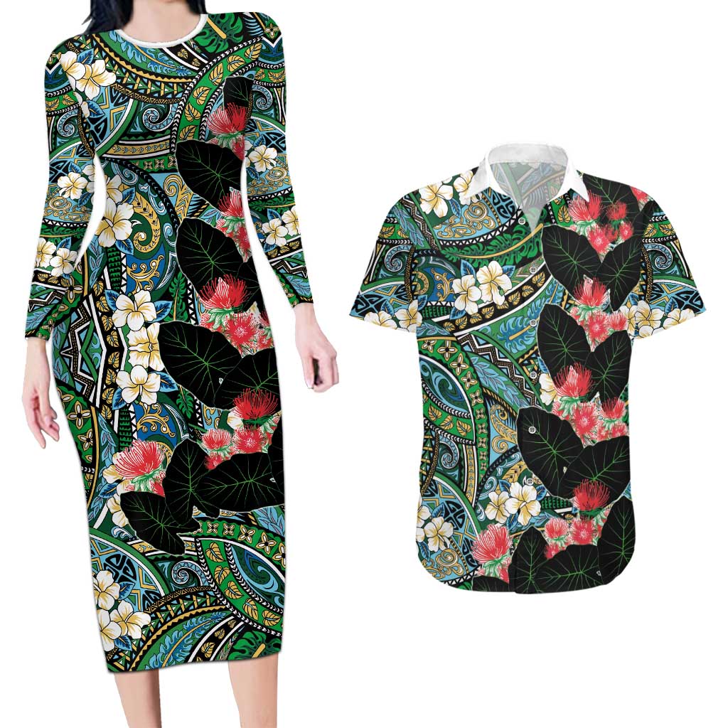 Hawaiian Taro Leaves and Ohia Lehua Couples Matching Long Sleeve Bodycon Dress and Hawaiian Shirt Polynesian Tribal Art Tropical Plants Motifs Colorful LT03 Multicolor - Polynesian Pride