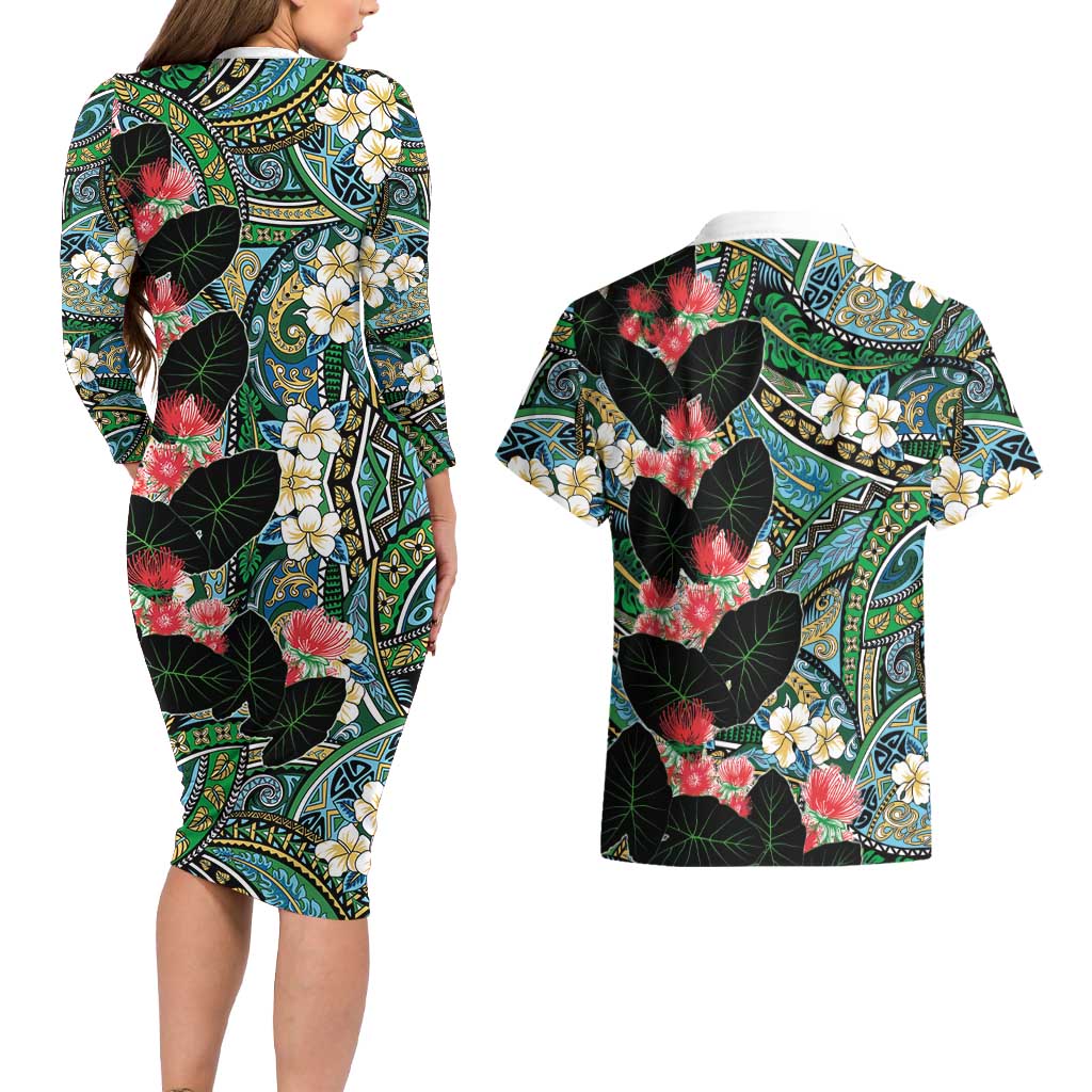 Hawaiian Taro Leaves and Ohia Lehua Couples Matching Long Sleeve Bodycon Dress and Hawaiian Shirt Polynesian Tribal Art Tropical Plants Motifs Colorful LT03 - Polynesian Pride