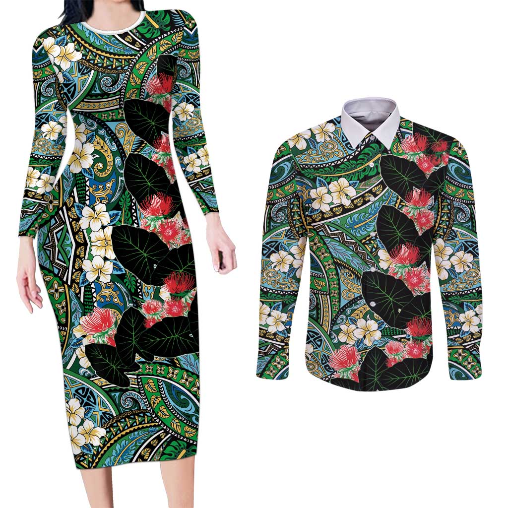 Hawaiian Taro Leaves and Ohia Lehua Couples Matching Long Sleeve Bodycon Dress and Long Sleeve Button Shirt Polynesian Tribal Art Tropical Plants Motifs Colorful