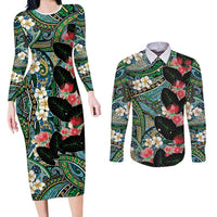 Hawaiian Taro Leaves and Ohia Lehua Couples Matching Long Sleeve Bodycon Dress and Long Sleeve Button Shirt Polynesian Tribal Art Tropical Plants Motifs Colorful LT03 Multicolor - Polynesian Pride