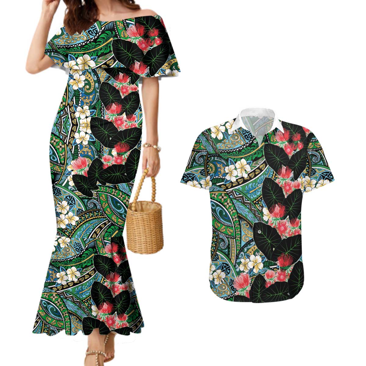 Hawaiian Taro Leaves and Ohia Lehua Couples Matching Mermaid Dress and Hawaiian Shirt Polynesian Tribal Art Tropical Plants Motifs Colorful LT03 Multicolor - Polynesian Pride