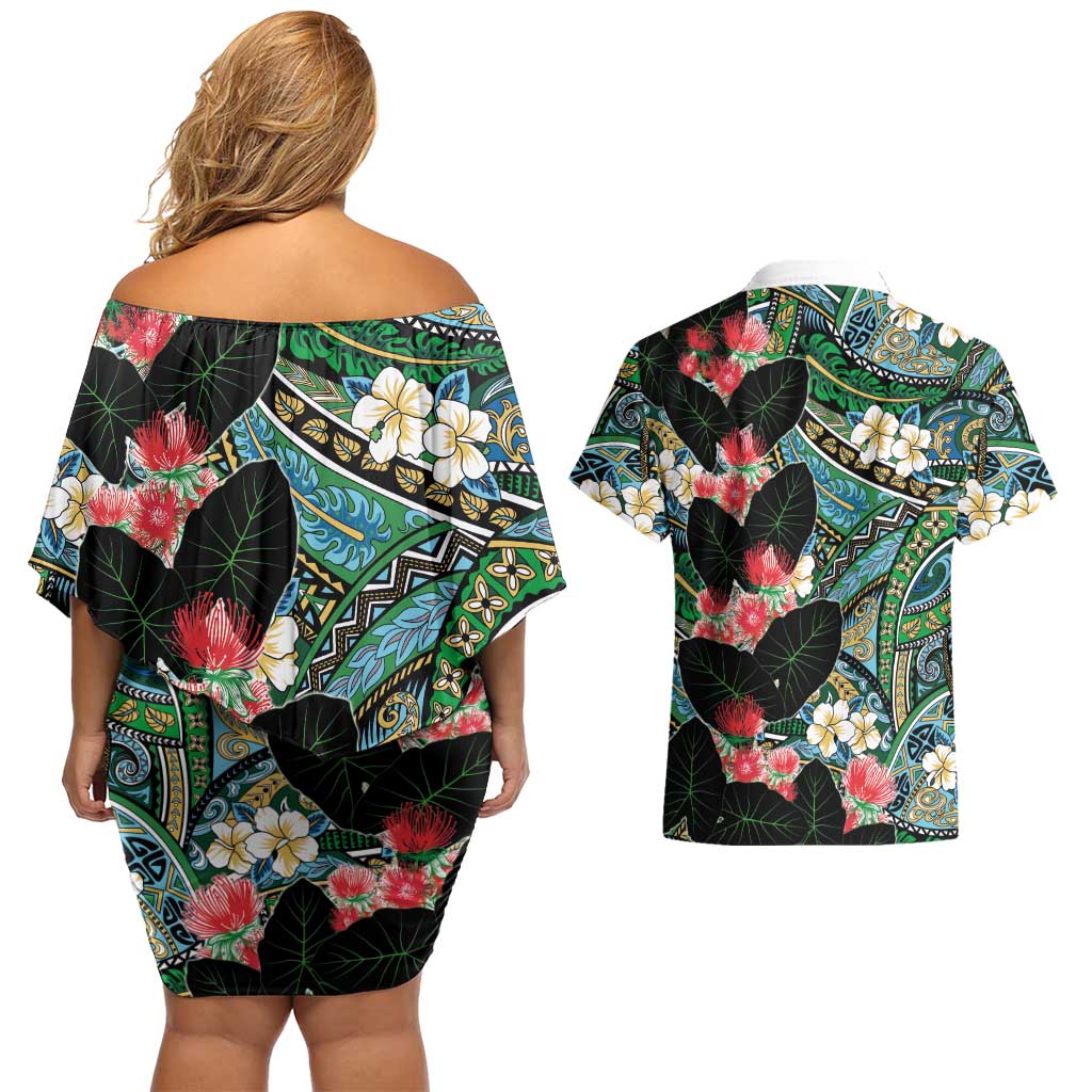 Hawaiian Taro Leaves and Ohia Lehua Couples Matching Off Shoulder Short Dress and Hawaiian Shirt Polynesian Tribal Art Tropical Plants Motifs Colorful LT03 - Polynesian Pride