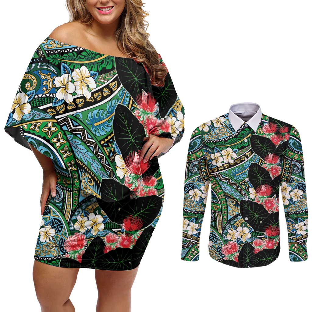 Hawaiian Taro Leaves and Ohia Lehua Couples Matching Off Shoulder Short Dress and Long Sleeve Button Shirt Polynesian Tribal Art Tropical Plants Motifs Colorful LT03 Multicolor - Polynesian Pride