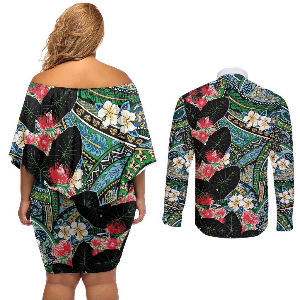 Hawaiian Taro Leaves and Ohia Lehua Couples Matching Off Shoulder Short Dress and Long Sleeve Button Shirt Polynesian Tribal Art Tropical Plants Motifs Colorful LT03 - Polynesian Pride