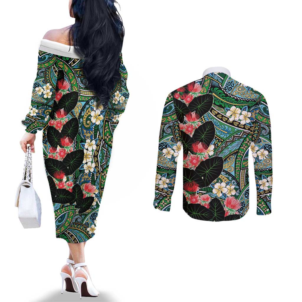 Hawaiian Taro Leaves and Ohia Lehua Couples Matching Off The Shoulder Long Sleeve Dress and Long Sleeve Button Shirt Polynesian Tribal Art Tropical Plants Motifs Colorful LT03 - Polynesian Pride