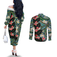 Hawaiian Taro Leaves and Ohia Lehua Couples Matching Off The Shoulder Long Sleeve Dress and Long Sleeve Button Shirt Polynesian Tribal Art Tropical Plants Motifs Colorful LT03 - Polynesian Pride