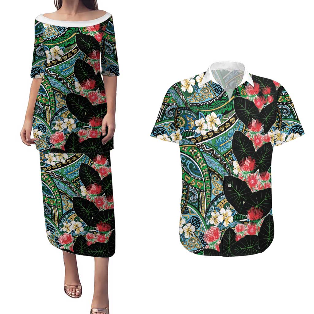 Hawaiian Taro Leaves and Ohia Lehua Couples Matching Puletasi and Hawaiian Shirt Polynesian Tribal Art Tropical Plants Motifs Colorful LT03 Multicolor - Polynesian Pride