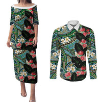 Hawaiian Taro Leaves and Ohia Lehua Couples Matching Puletasi and Long Sleeve Button Shirt Polynesian Tribal Art Tropical Plants Motifs Colorful LT03 Multicolor - Polynesian Pride