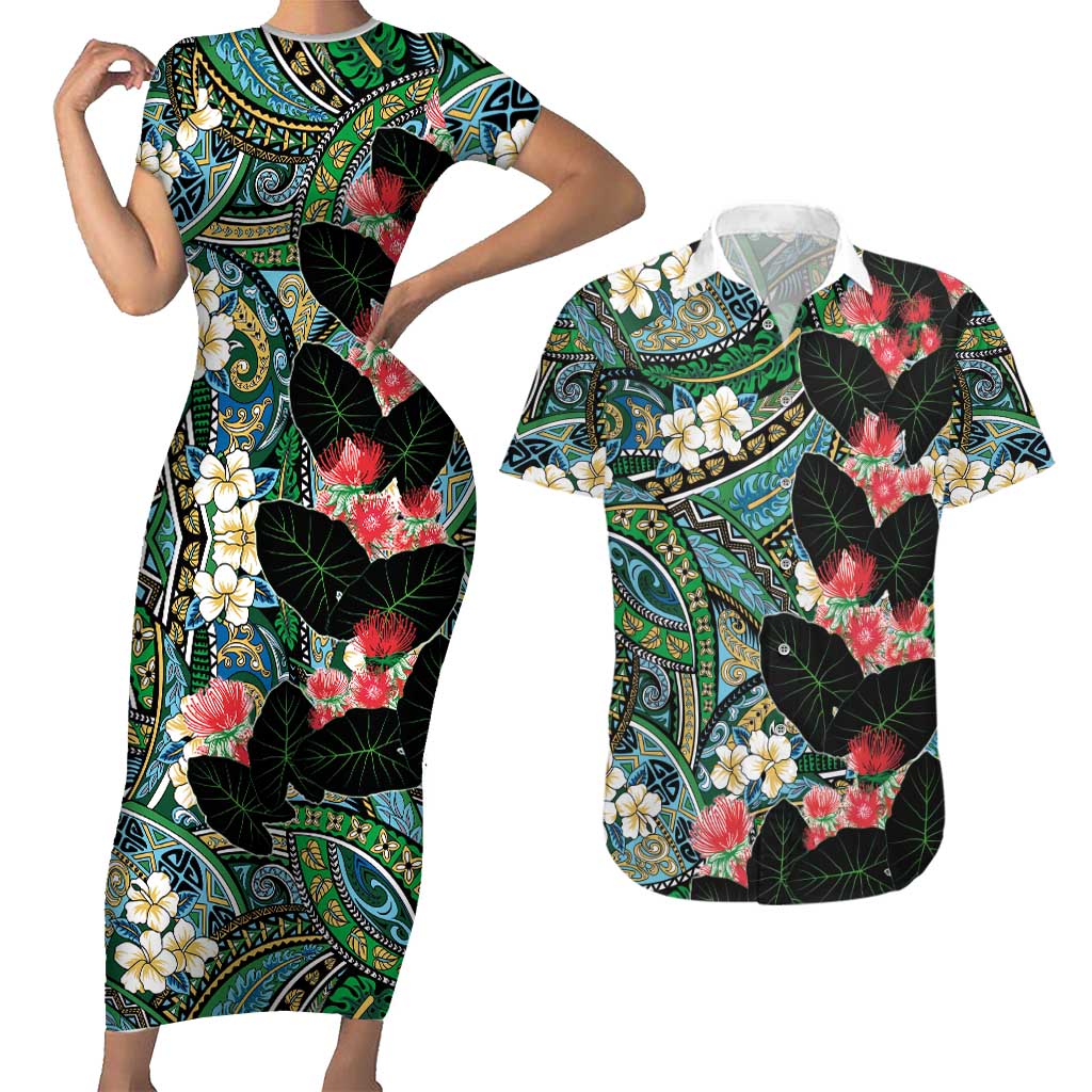 Hawaiian Taro Leaves and Ohia Lehua Couples Matching Short Sleeve Bodycon Dress and Hawaiian Shirt Polynesian Tribal Art Tropical Plants Motifs Colorful LT03 Multicolor - Polynesian Pride