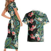 Hawaiian Taro Leaves and Ohia Lehua Couples Matching Short Sleeve Bodycon Dress and Hawaiian Shirt Polynesian Tribal Art Tropical Plants Motifs Colorful LT03 - Polynesian Pride