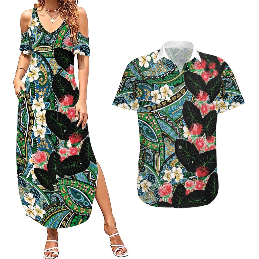 Hawaiian Taro Leaves and Ohia Lehua Couples Matching Summer Maxi Dress and Hawaiian Shirt Polynesian Tribal Art Tropical Plants Motifs Colorful LT03 Multicolor - Polynesian Pride