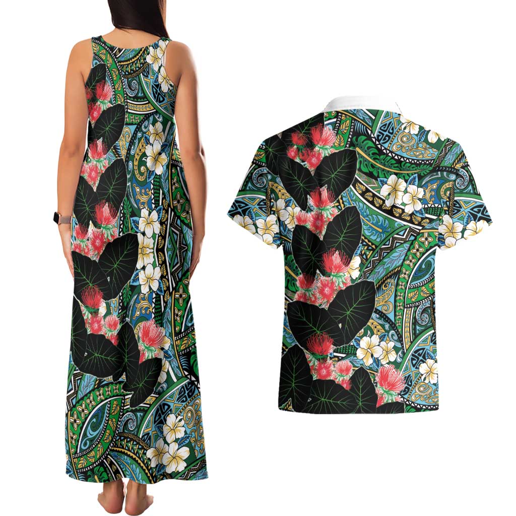 Hawaiian Taro Leaves and Ohia Lehua Couples Matching Tank Maxi Dress and Hawaiian Shirt Polynesian Tribal Art Tropical Plants Motifs Colorful LT03 - Polynesian Pride