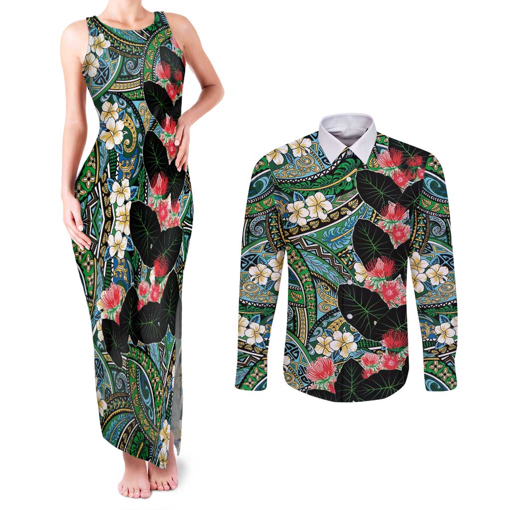 Hawaiian Taro Leaves and Ohia Lehua Couples Matching Tank Maxi Dress and Long Sleeve Button Shirt Polynesian Tribal Art Tropical Plants Motifs Colorful LT03 Multicolor - Polynesian Pride