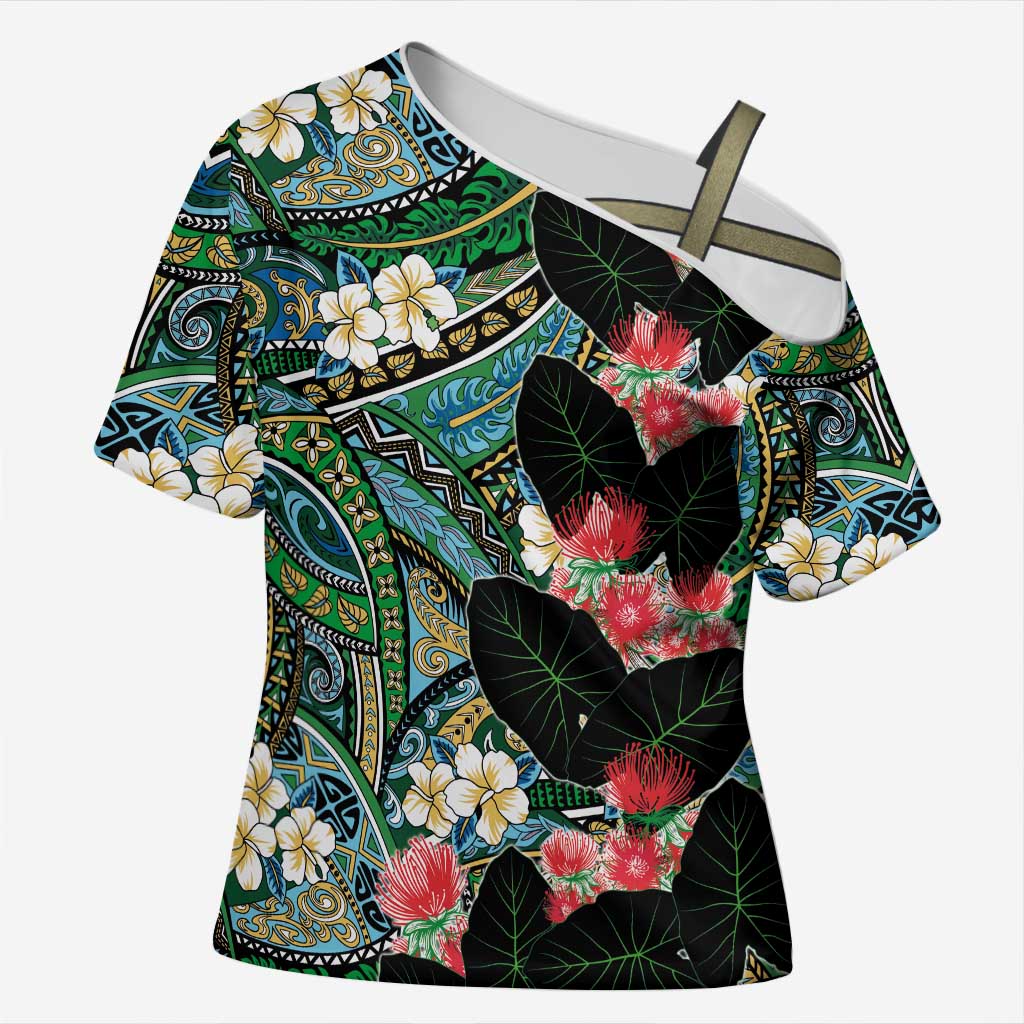 Hawaiian Taro Leaves and Ohia Lehua Cross Shoulder Shirt Polynesian Tribal Art Tropical Plants Motifs Colorful