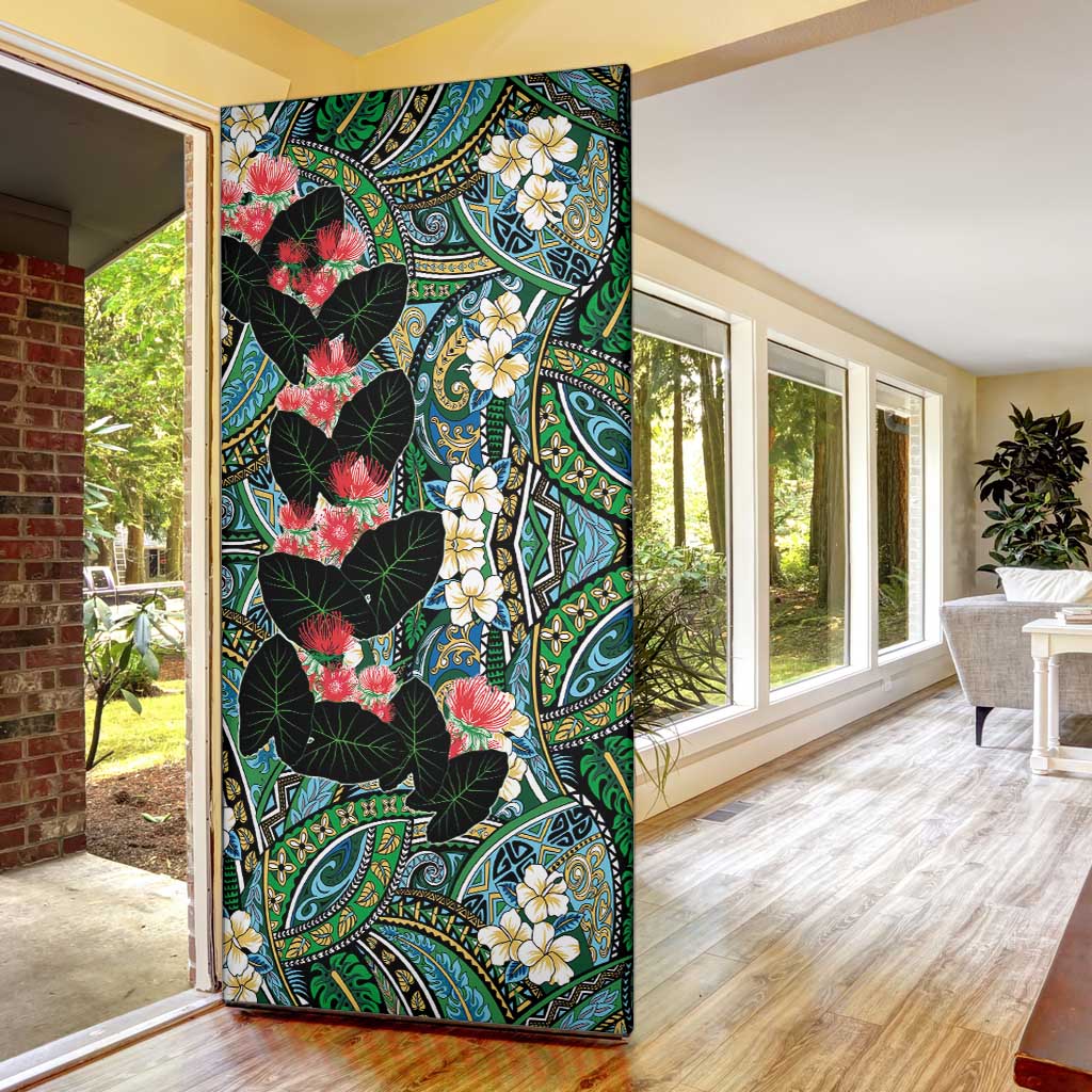 Hawaiian Taro Leaves and Ohia Lehua Door Cover Polynesian Tribal Art Tropical Plants Motifs Colorful LT03 - Polynesian Pride