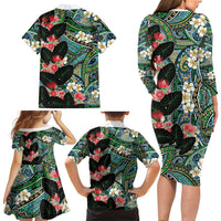 Hawaiian Taro Leaves and Ohia Lehua Family Matching Long Sleeve Bodycon Dress and Hawaiian Shirt Polynesian Tribal Art Tropical Plants Motifs Colorful LT03 - Polynesian Pride