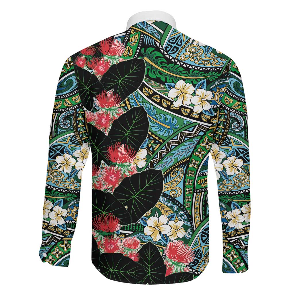 Hawaiian Taro Leaves and Ohia Lehua Family Matching Long Sleeve Bodycon Dress and Hawaiian Shirt Polynesian Tribal Art Tropical Plants Motifs Colorful LT03 - Polynesian Pride