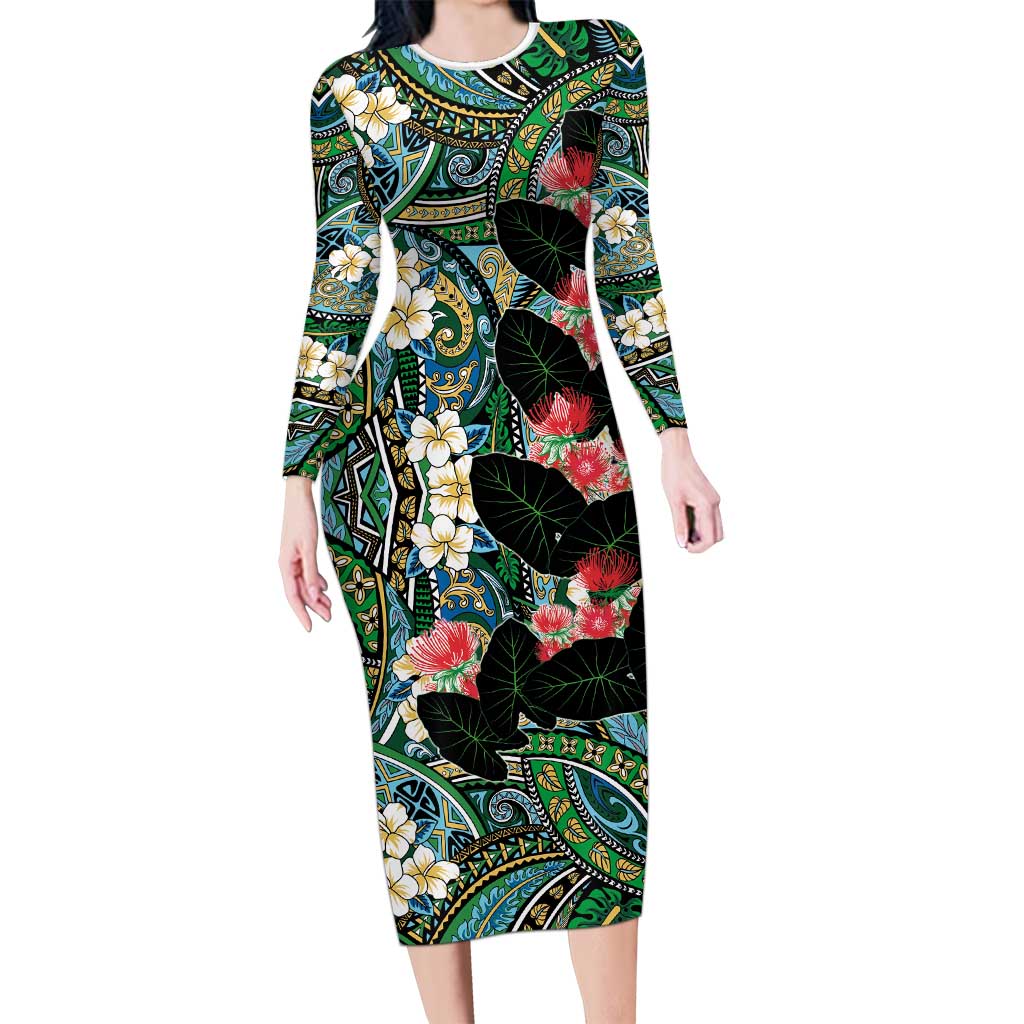 Hawaiian Taro Leaves and Ohia Lehua Family Matching Long Sleeve Bodycon Dress and Hawaiian Shirt Polynesian Tribal Art Tropical Plants Motifs Colorful LT03 Mom's Dress Multicolor - Polynesian Pride
