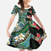Hawaiian Taro Leaves and Ohia Lehua Family Matching Mermaid Dress and Hawaiian Shirt Polynesian Tribal Art Tropical Plants Motifs Colorful LT03 Daughter's Dress Multicolor - Polynesian Pride