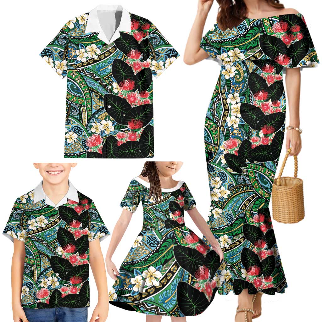 Hawaiian Taro Leaves and Ohia Lehua Family Matching Mermaid Dress and Hawaiian Shirt Polynesian Tribal Art Tropical Plants Motifs Colorful LT03 - Polynesian Pride