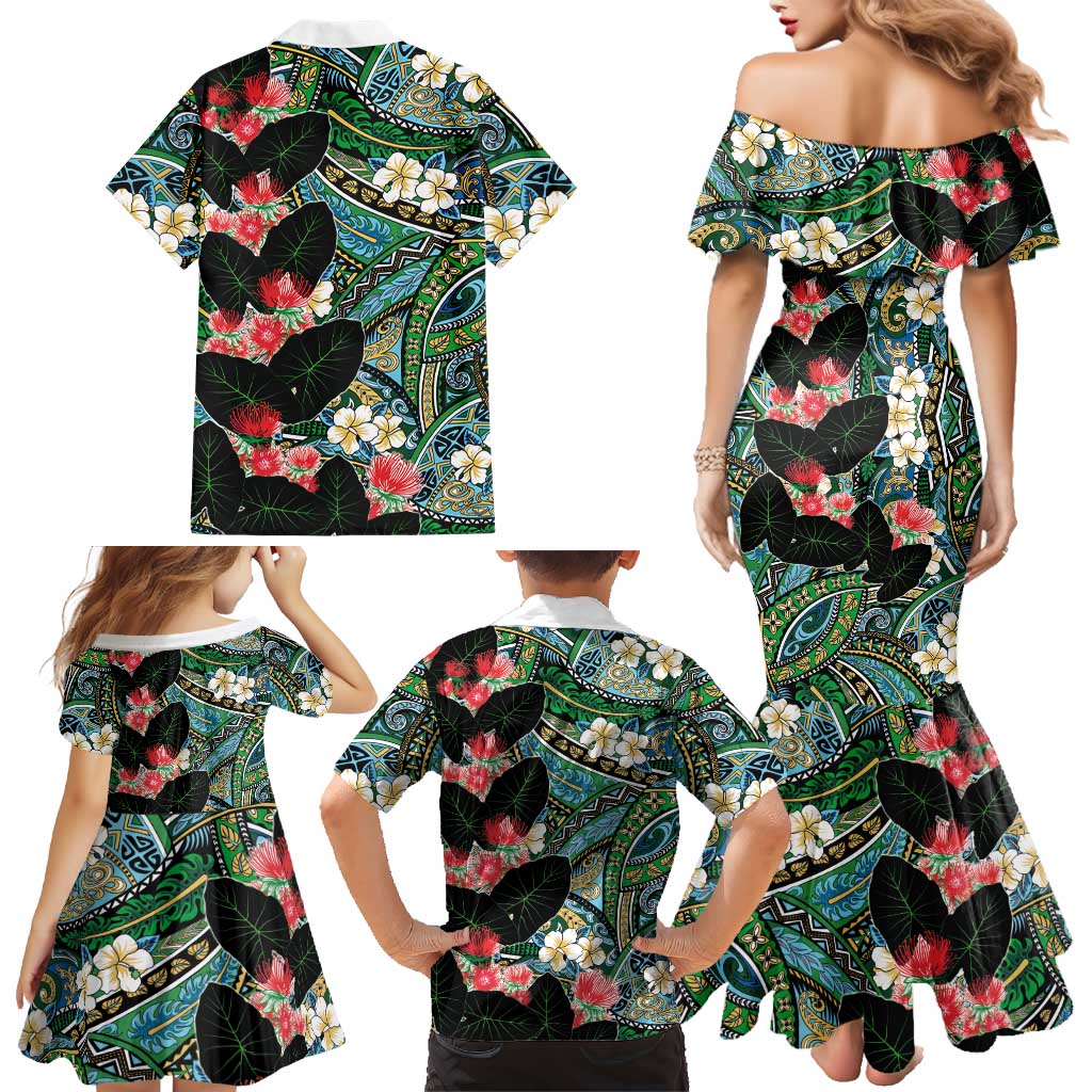 Hawaiian Taro Leaves and Ohia Lehua Family Matching Mermaid Dress and Hawaiian Shirt Polynesian Tribal Art Tropical Plants Motifs Colorful LT03 - Polynesian Pride