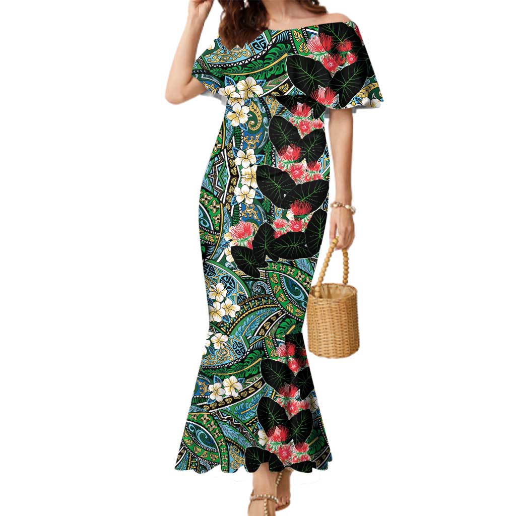 Hawaiian Taro Leaves and Ohia Lehua Family Matching Mermaid Dress and Hawaiian Shirt Polynesian Tribal Art Tropical Plants Motifs Colorful LT03 Mom's Dress Multicolor - Polynesian Pride