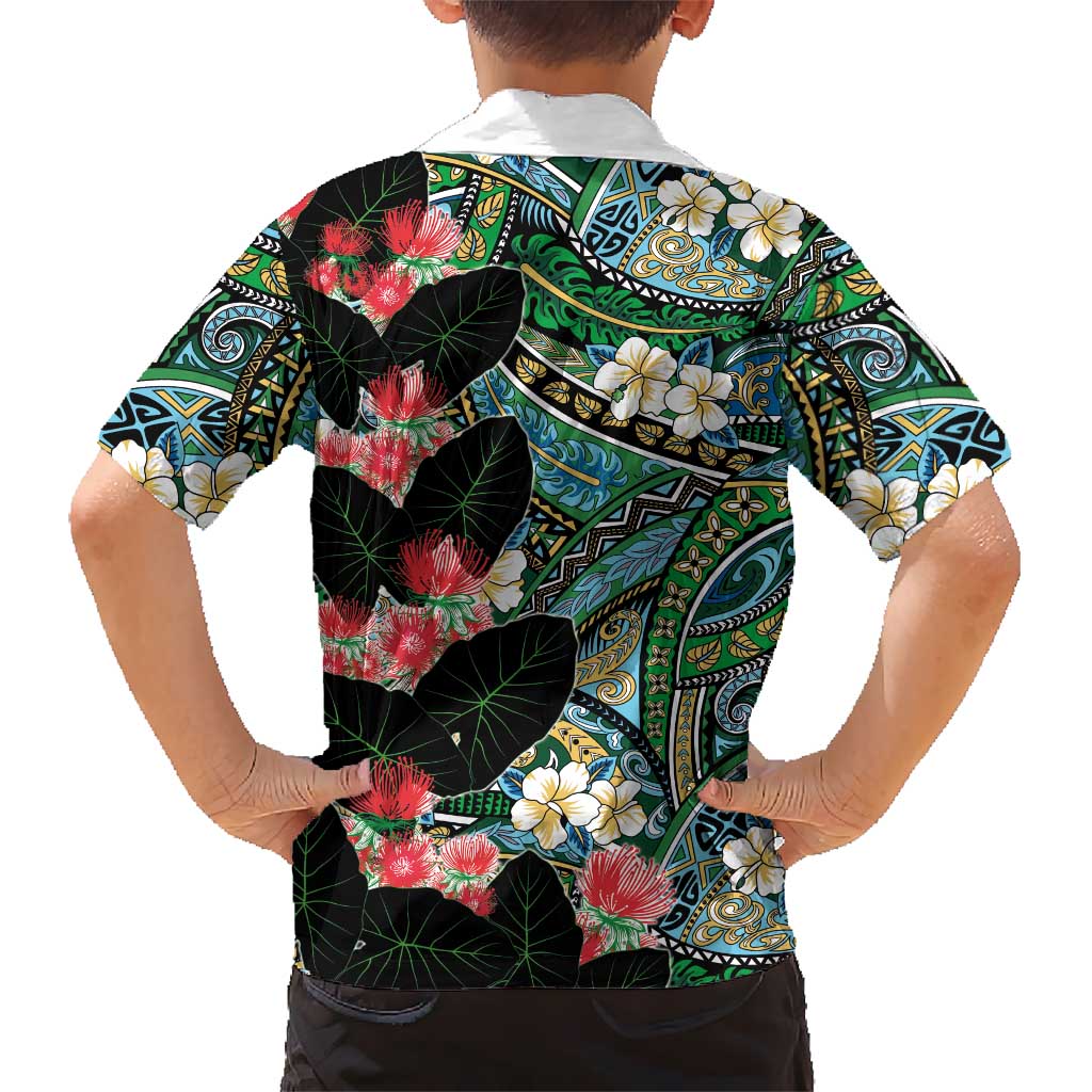Hawaiian Taro Leaves and Ohia Lehua Family Matching Off The Shoulder Long Sleeve Dress and Hawaiian Shirt Polynesian Tribal Art Tropical Plants Motifs Colorful LT03 - Polynesian Pride