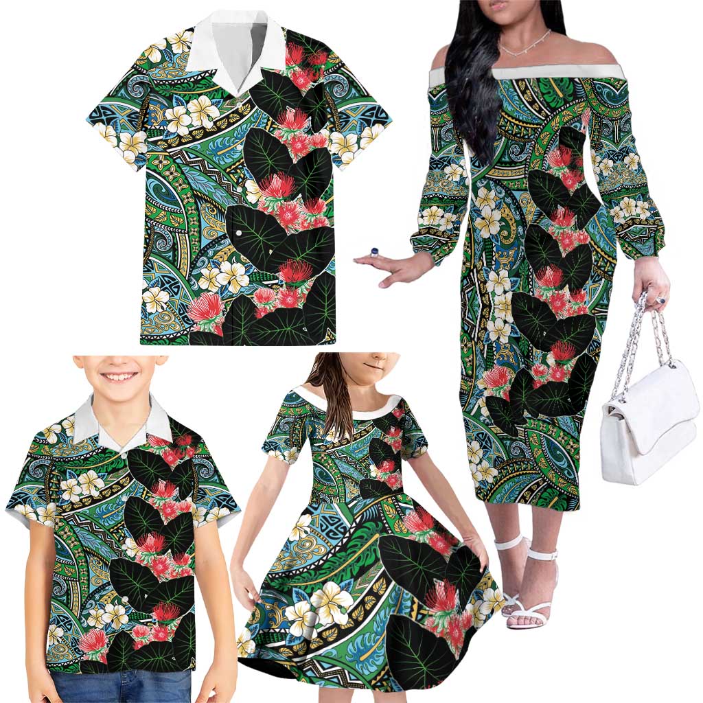Hawaiian Taro Leaves and Ohia Lehua Family Matching Off The Shoulder Long Sleeve Dress and Hawaiian Shirt Polynesian Tribal Art Tropical Plants Motifs Colorful