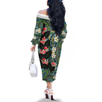 Hawaiian Taro Leaves and Ohia Lehua Family Matching Off The Shoulder Long Sleeve Dress and Hawaiian Shirt Polynesian Tribal Art Tropical Plants Motifs Colorful LT03 - Polynesian Pride
