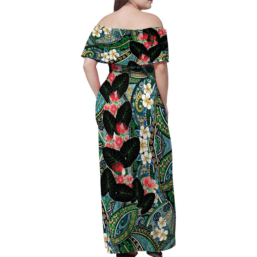 Hawaiian Taro Leaves and Ohia Lehua Family Matching Off Shoulder Maxi Dress and Hawaiian Shirt Polynesian Tribal Art Tropical Plants Motifs Colorful LT03 - Polynesian Pride