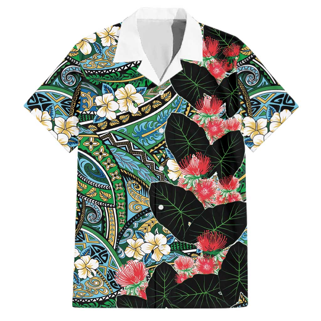 Hawaiian Taro Leaves and Ohia Lehua Family Matching Off Shoulder Short Dress and Hawaiian Shirt Polynesian Tribal Art Tropical Plants Motifs Colorful LT03 Dad's Shirt - Short Sleeve Multicolor - Polynesian Pride