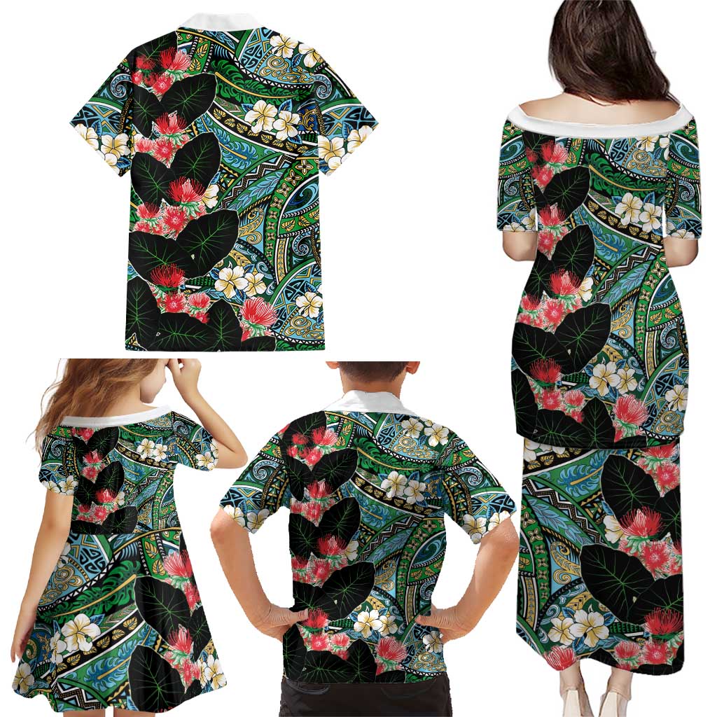 Hawaiian Taro Leaves and Ohia Lehua Family Matching Puletasi and Hawaiian Shirt Polynesian Tribal Art Tropical Plants Motifs Colorful LT03 - Polynesian Pride