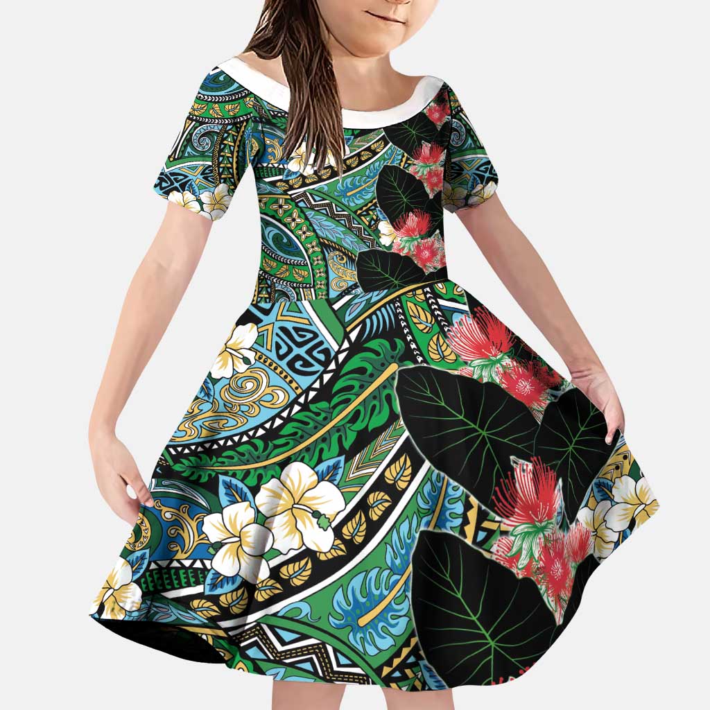 Hawaiian Taro Leaves and Ohia Lehua Family Matching Short Sleeve Bodycon Dress and Hawaiian Shirt Polynesian Tribal Art Tropical Plants Motifs Colorful LT03 Daughter's Dress Multicolor - Polynesian Pride