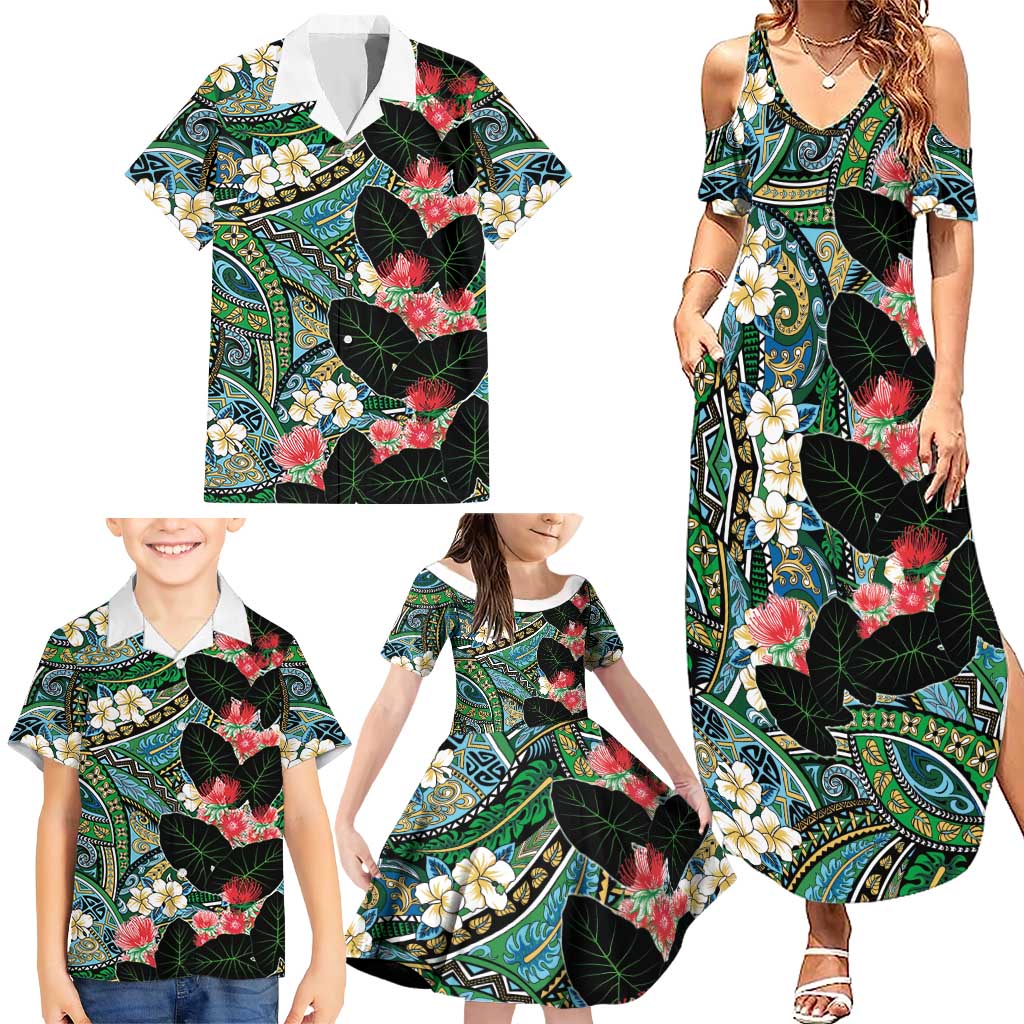 Hawaiian Taro Leaves and Ohia Lehua Family Matching Summer Maxi Dress and Hawaiian Shirt Polynesian Tribal Art Tropical Plants Motifs Colorful LT03 - Polynesian Pride