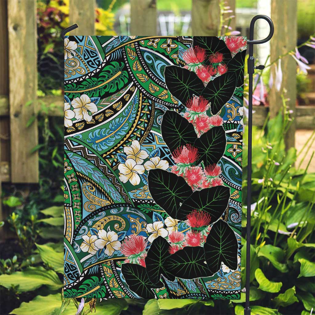 Hawaiian Taro Leaves and Ohia Lehua Garden Flag Polynesian Tribal Art Tropical Plants Motifs Colorful LT03 Garden Flag Multicolor - Polynesian Pride