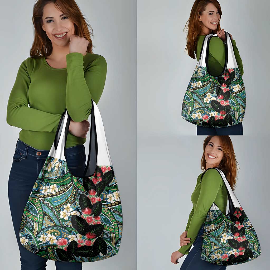 Hawaiian Taro Leaves and Ohia Lehua Grocery Bag Polynesian Tribal Art Tropical Plants Motifs Colorful LT03 - Polynesian Pride